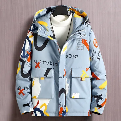 Men's Short Padded Hooded Graffiti Jacket