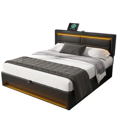 Upholstered Bed 150 X 200 Cm, King Size Bed-5ft,with USB Port Supports Wireless And Wired Charging, With LED Lighting And Storage Space, Without Mattress, PU Lychee Pattern, Black