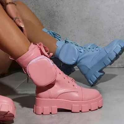 Thick-Heeled Round Toe Lace-Up Pocket Mid-Tube Motorcycle Boots