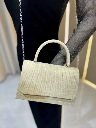 Festival Gold Crinkle Handbag - Party Must-Have Dressy Clutch, Elegant Shoulder Bag For Banquet