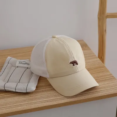 Children's Simple Style Beanie For Kids, Baby Boy Style, Small Face Pattern, Small Embroidered Bear Baseball Cap, Boy's Outdoor Sun Protection Straw Hat