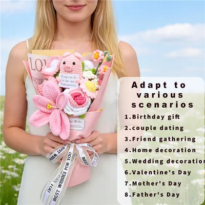 Handmade Crochet Flower Bouquet Featuring Cute Pig Doll Alongside Roses And Lilies, Soft Yarn Everlasting Knitted Bouquet, Indoor Home Decor Ornament