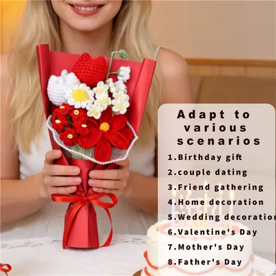 Handmade Crocheted Flower Bouquet, Red And White Tulips & Red Flowers Matched With Daisies And Tiny Blossoms, Soft Yarn Everlasting Knitted Bouquet, Indoor Home Decorative Ornament