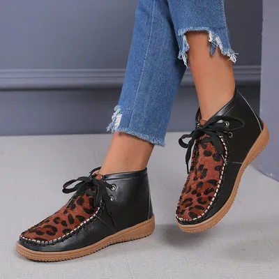 Flat round toe leopard print women's short boots