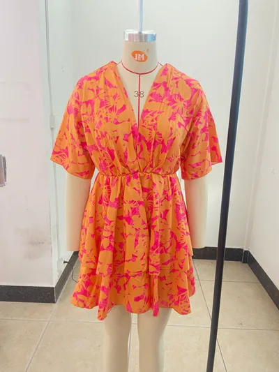 V-neck Loose Batwing Sleeve Printed Dress