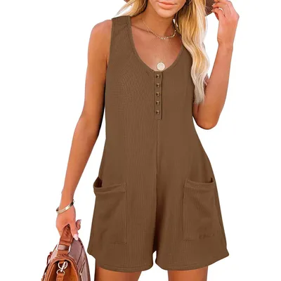European American Summer New Women's Loose Casual Button Pocket Vest Jumpsuit