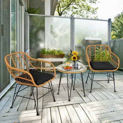 3 Pieces Rattan Furniture Set With Cushioned Chair Table