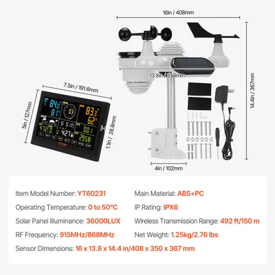 VEVOR 7-in-1 Wireless Weather Station, 7.5 In Large Color Display, Digital Home Weather Station Indoor Outdoor, For Temperature Humidity Wind Speed,Direction Rain UV, With Forecast Data, Alarm, Alerts