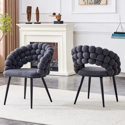 Set Of 2 Gray Puffy Bubble Chair Ball Chain Chair Velvet Dining Chairs With Black Legs, Modern Accent Chairs For Dining Room & Kitchen