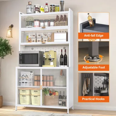 73'' Tall Kitchen Pantry Cabinet , 6 Level Flip Door With Pegboard Metal Pantry Storage Cabinet, Anti-Tip Design Hutch For Kitchen, Dining Room, Living Room White
