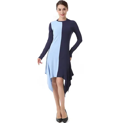 Round Neck Color Block Long Sleeve Irregular Dress