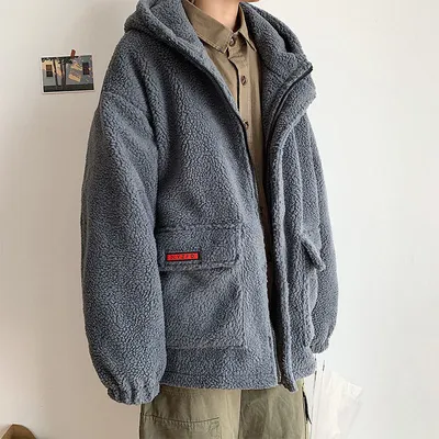 Men's Trendy Brand Cotton Hood And Cashmere Lamb Velvet Padded Jacket