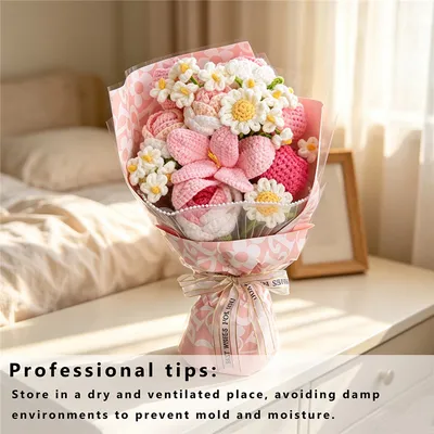 Handmade Crochet Pink Mixed Flower Bouquet, Knitted Yarn Everlasting Artificial Flowers, Pink Wrapped Floral Gift For Birthday, Mother's Day, Anniversary, Wedding & Home Table Decoration