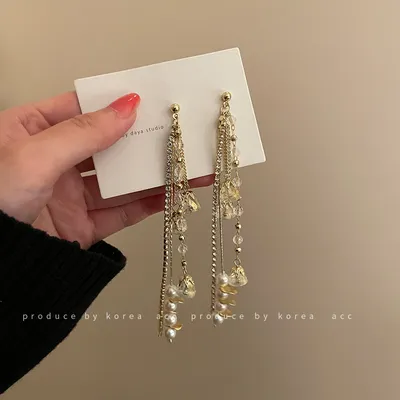 Silver Needle Diamond Crystal Zircon And Tassel Earrings