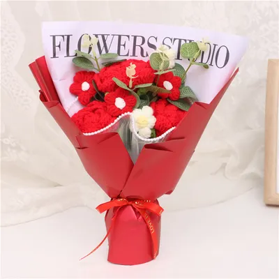 Handmade Crochet Red Rose Mixed Flower Bouquet, Knitted Everlasting Yarn Artificial Flowers, Red Wrapped Floral Arrangement Gift For Valentine's Day, Anniversary, Birthday, Wedding & Home Decor
