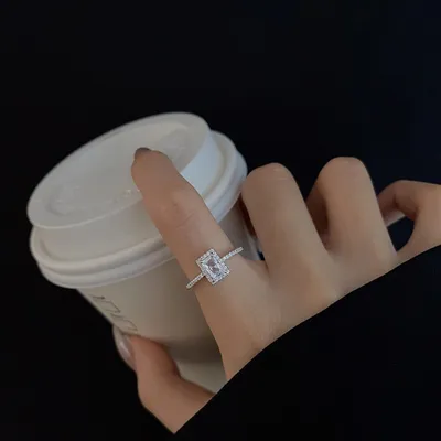 Light Luxury Zircon Super Flash Ring Niche Design Square Diamond Cold Wind Exquisite Opening