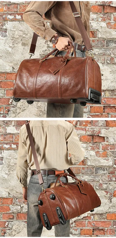 New Crazy Horse Leather Trolley Travel Bag, Retro Genuine Leather Travel Bag, Large Capacity Business Travel Luggage