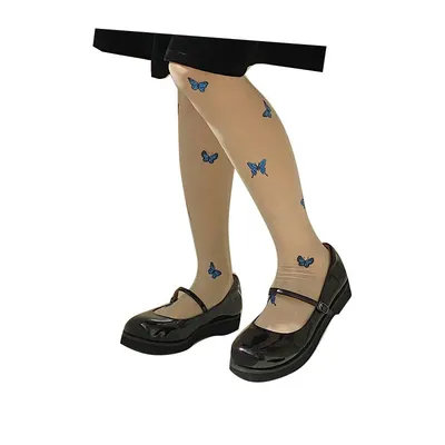 Blue Butterfly Printed Snag-proof Stockings Spring And Summer Pantyhose