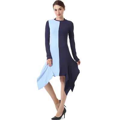 Round Neck Color Block Long Sleeve Irregular Dress
