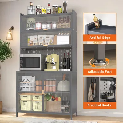 73'' Tall Kitchen Pantry Cabinet , 6 Level Flip Door With Pegboard Spacious, Adjustable & Stylish Metal Pantry Storage Cabinet, Anti-Tip Design Hutch For Kitchen, Dining Room, Living Room Grey