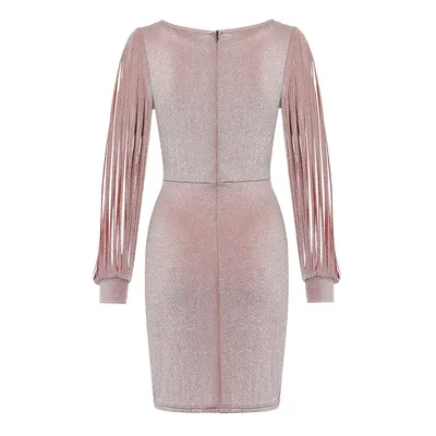 V-neck sequined fringed long sleeve dress