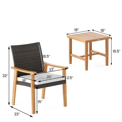 3 Pieces Patio PE Wicker Furniture Set Acacia Wood Outdoor Conversation Bistro Set