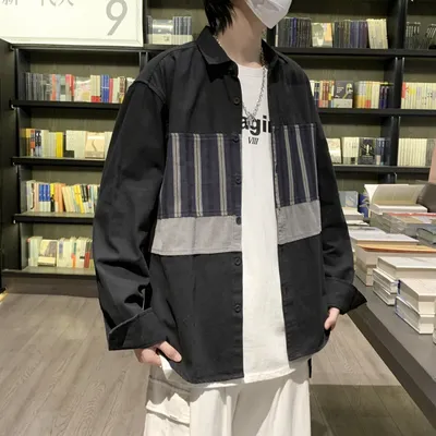 Men's Retro Patchwork Striped Long Sleeve Shirt