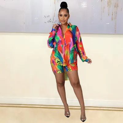 Women's Fashion Casual Printed Shirt Shorts Two Piece Set