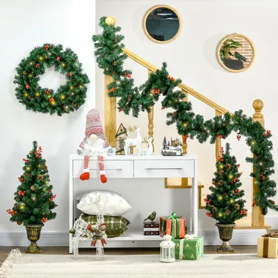 مجموعة هومكوم لعيد الميلاد المضاءة مسبقًا، مكونة من 4 قطع، إكليل زينة ومجموعة من شجرتين للمدخل مع أضواء LED بيضاء دافئة، وتوت أحمر، ومخاريط صنوبر، وأخضر