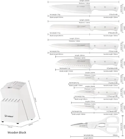 15-Piece White Kitchen Knife Set With Built-in Sharpening Stone, Ergonomic Triple Rivet Fixed Handles, Dishwasher Safe