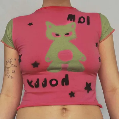 Hot Girl Fashion Umbilical Cord Street Style Tide Cat Print Color Collision T-shirt