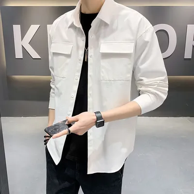Solid Color Fashion Men's Long-sleeved Loose Two-pocket Shirt