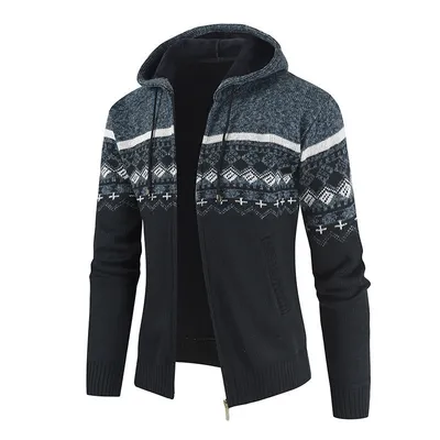 Hooded Plush Sweater Contrast Casual Zipper Knitting