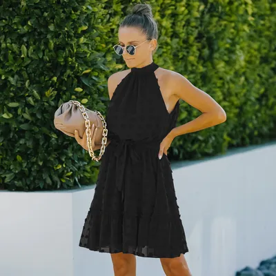 Jacquard Cutout Skirt Halterneck Chiffon Dress