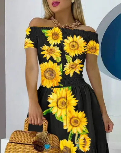 European And American New Retro Floral Lantern Sleeve Waist Dress
