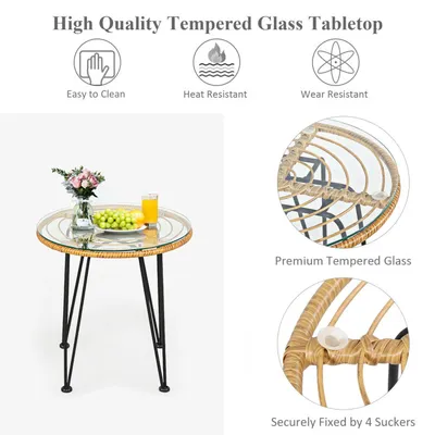 3 Pieces Rattan Furniture Set With Cushioned Chair Table