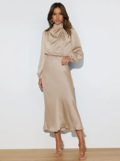 Elegant Temperament Long-sleeved Dress Satin Halterneck Formal Evening Dresses Women Clothing