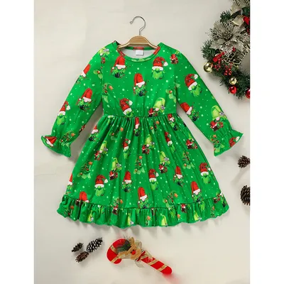Toddler Kids Baby Girl Christmas Dress Outifts, Long Sleeves Cartoon Prints Party Dress With Heart Print Vest Coat Xmas Clothes Set