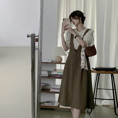 Women's New French Vintage Design Strap Dress Two Piece Suit