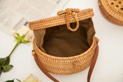 Natural PU small round straw bag