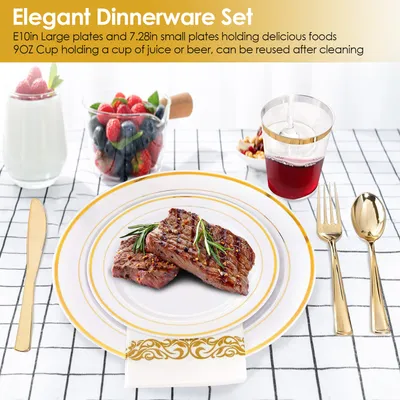Set Of 175Pcs Disposable Gold Dinnerware Set Gold Rim Plastic Plates Cups Fork Spoon Knife Paper Napkins For Party Wedding Graduation