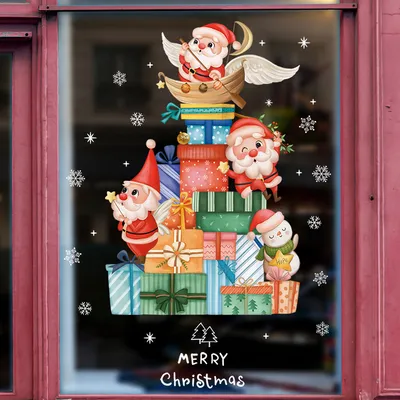 Santa Claus Gift Snowflake Christmas Tree Static Wall Sticker