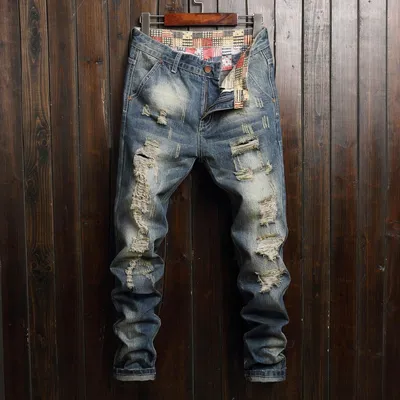 New Men's Straight Slim Ripped Jeans