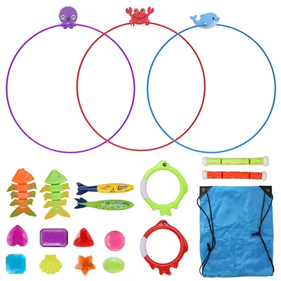 Set Of 24Pcs Diving Toys Swimming Pool Toys Swim Toys For Kids Above Aged 3 Years Old Swim Thru Rings Torpedoes Gems Volleyball Storage Bag