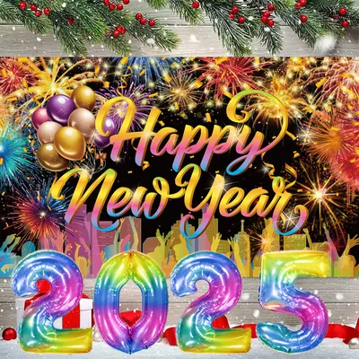 5 Pcs Happy New Year Party Backdrop 32 Inch Balloons Set With Rope Happy New Year Decorations Colorful Firework New Years Backdrop For New Years Eve Party Supplies