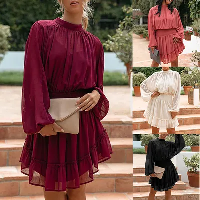 Pure Color Bubble Long Sleeve Round Neck Loose Dress