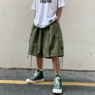 Large Pocket Cargo Shorts Men's Summer Hong Kong Style Retro Straight