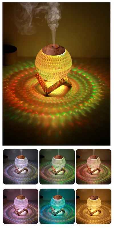 مرطب هواء صغير الحجم بتصميم كرة كريستالية، ألوان RGB، إبداعي، رذاذ صامت، تحكم في مستوى الصوت