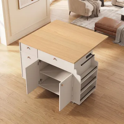 Kitchen Island With Storage Rolling Kitchen Island Cart With Drop Leaf Extension, Natural Wood Top, Drawers, Spice Rack, Towel Bar, Mobile Kitchen Cart For Kitchen & Dining Room, White
