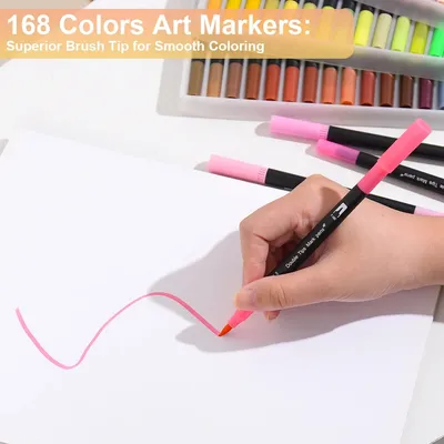 168 Colors Dual Tip Brush Markers Set Black Barrel Watercolour Pens For Colouring Drawing Sketching Calligraphy Art Supplies With Carry Case